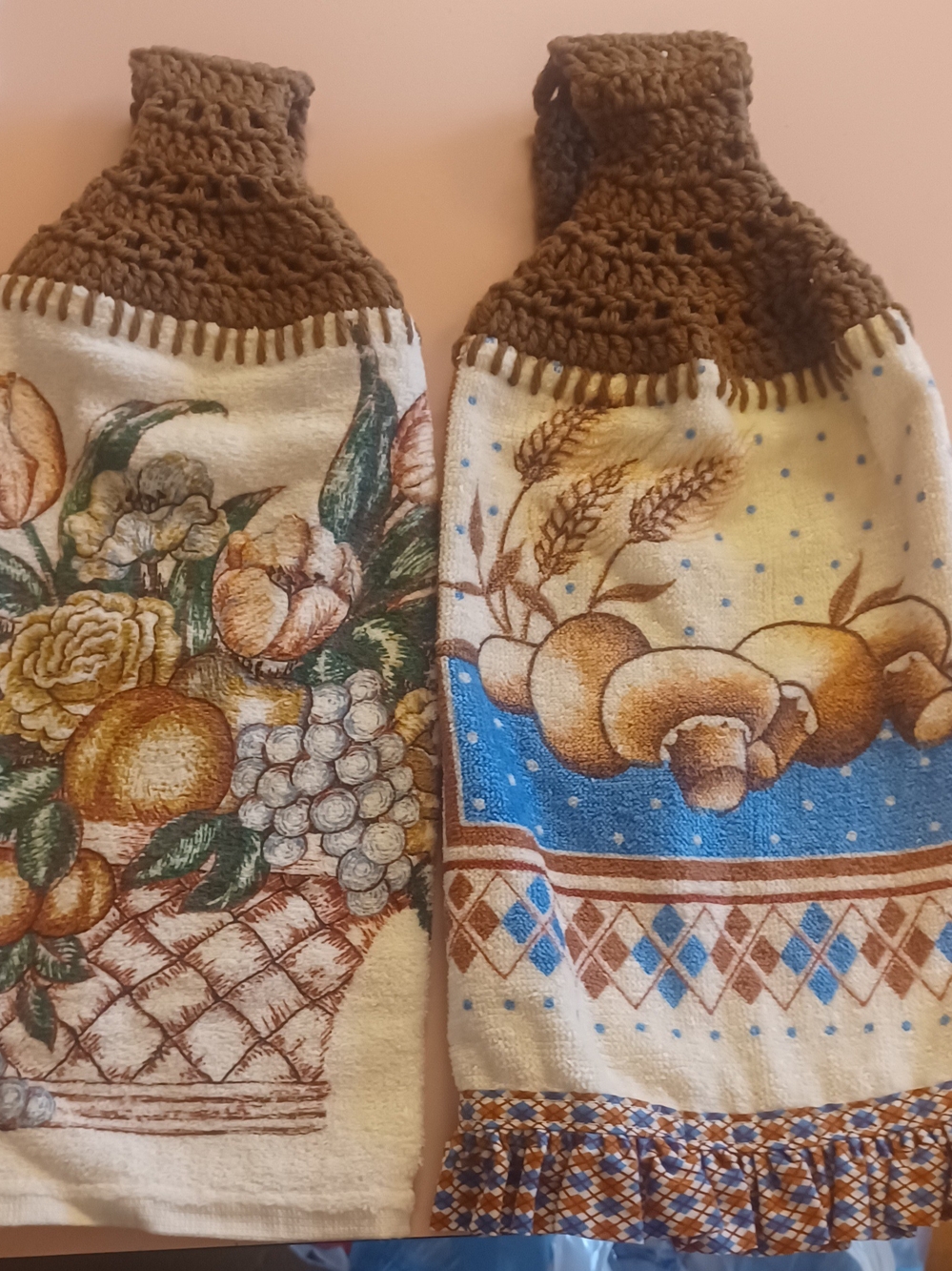 Handmade Brown Crocheted Top Kitchen Hanging Towels with Fruit Print